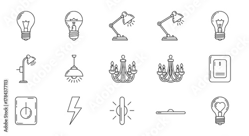 A collection of line art icons representing various lighting elements, including different types of light bulbs, desk lamps, floor lamps, chandeliers, light switches, and a lightning bolt symbol, all