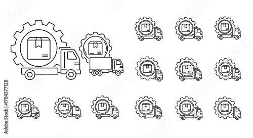 Set of thin line icons depicting a truck carrying a box within a gear or cogwheel, symbolizing logistics, delivery, and industrial processes, presented on a clean white background for versatile