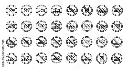 Collection of linear vector signs prohibiting swimming, featuring stylized swimmers in water with a red diagonal line and circle, suitable for graphic design, web, cards, books, and articles