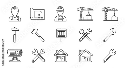 Construction thin line icons set featuring builder, blueprint, crane, tools like hammers and wrenches, house, and repair elements, all with editable strokes and ordered for clarity, representing the