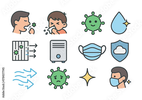 Coughing children and air quality icons with virus and mask illustrations