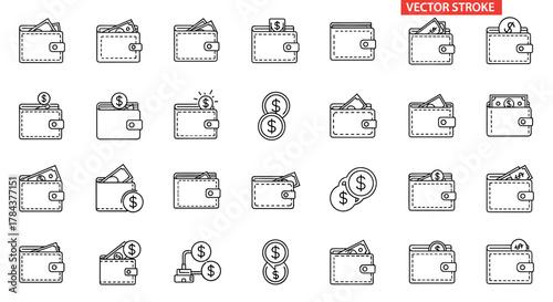 Collection of wallet icons with money and coins, representing financial transactions, savings, and wealth. Perfect for infographics, articles, books, flyers, and banners, this editable stroke vector