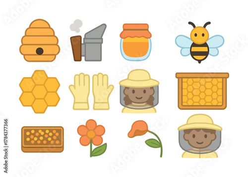 Beekeeping icons: smoker, honeycomb, beekeeper, bee, gloves, flowers