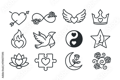 Twelve black and white love-themed icon set featuring hearts, birds, and roses