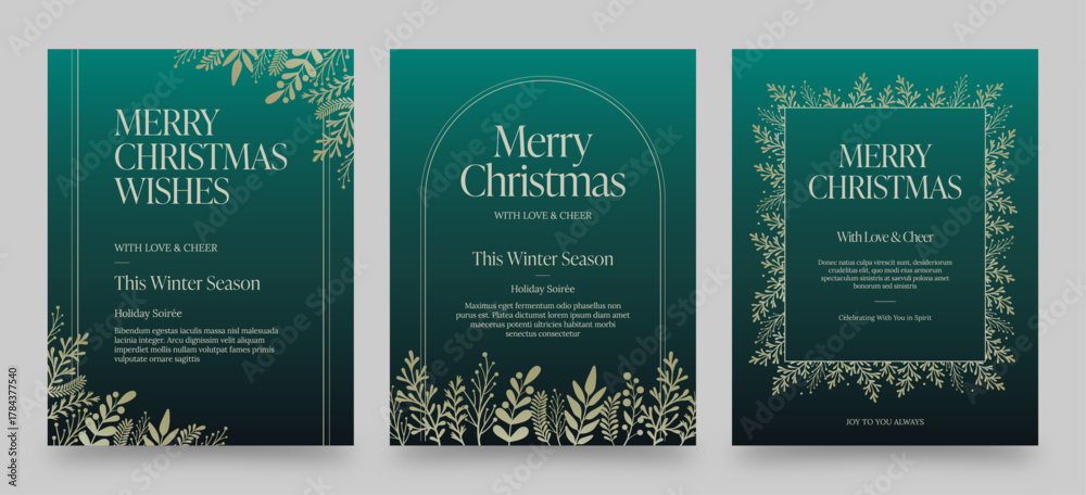 Obraz premium Christmas Poster Template in Festive Green & Gold Hues with Elegant Festive Foliage Decorations & Merry Christmas Text