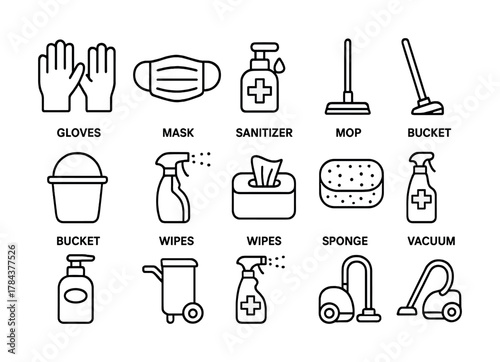 Cleaning equipment icons: gloves, mask, sanitizer, mop, bucket, wipes, sponge, vacuum