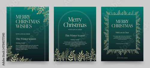 Christmas Poster Template in Festive Green & Gold Hues with Elegant Festive Foliage Decorations & Merry Christmas Text