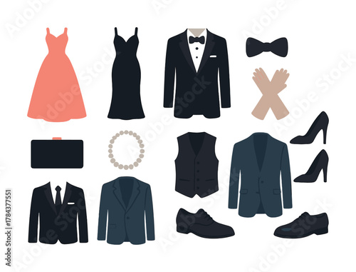 Elegant formalwear collection for men and women with accessories