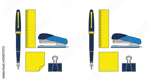 Office supplies stationery pen ruler stapler clip post it vector