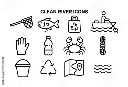 Clean river icons: boating, recycling, conservation, fishing, pollution