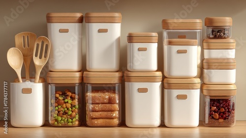 Modern kitchen pantry organization white and wood containers hold various foods neatly