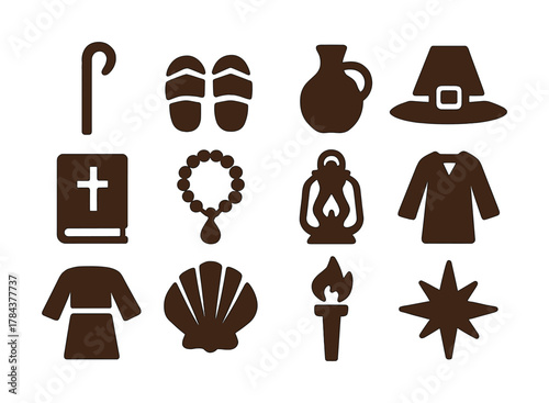 Simple religious and cultural symbols collection in brown silhouette