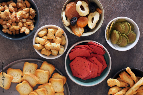 Slika na platnu Varied healthy snacks in bowls ready to eat