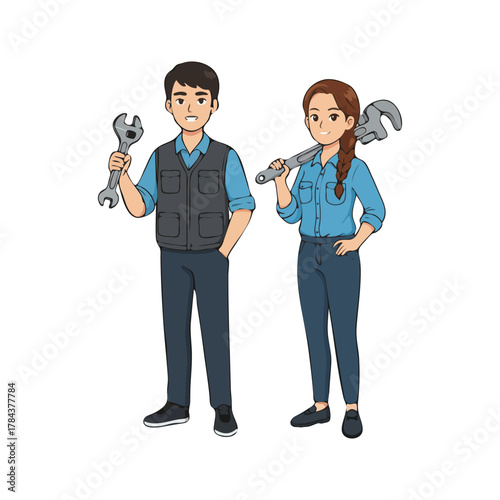 Cartoon illustration of a professional male and female plumber team holding wrenches.