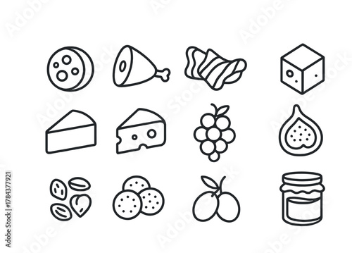 Food icons: meat, cheese, fruit, and jam in simplistic black outline