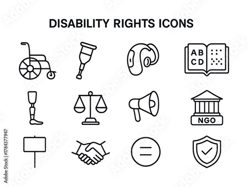 Disability rights icons: empowerment, accessibility, inclusivity, advocacy, equality