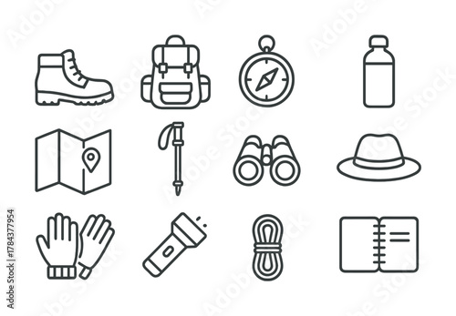 Outdoor adventure gear icons: boots, backpack, compass, water bottle, map, gloves