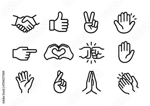Set of 12 hand gesture icons including peace, thumbs up, and clapping symbols
