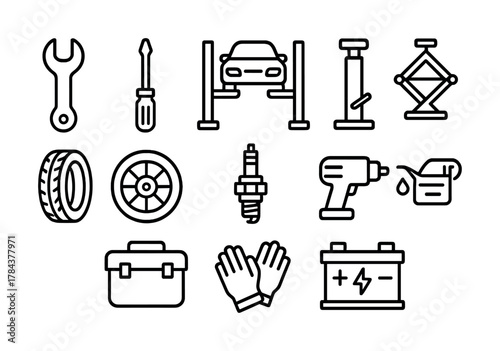 Collection of automotive tools and equipment icons in black line art style