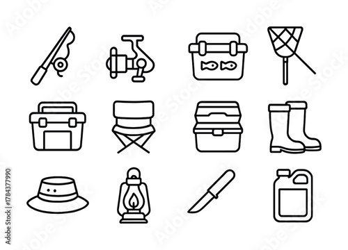 Fishing gear icons: rod, reel, tackle box, lantern, knife, boots, hat, net, fuel