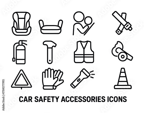 Car safety accessories icons set including car seat, seat belt, fire extinguisher, reflective vest, flashlight