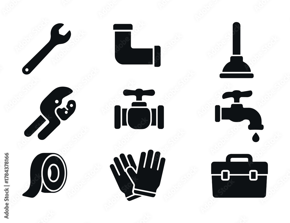 Fototapeta premium Vector Plumbing tools icons: wrench, valve, plunger, tape, gloves, toolbox