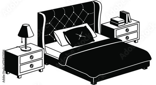 Bedroom interior design with bed nightstand and lamp illustration