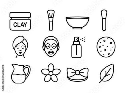 Skincare and spa icons featuring clay mask brush and beauty elements