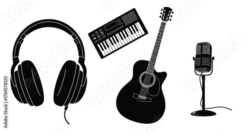 Music production equipment vector illustration black and white