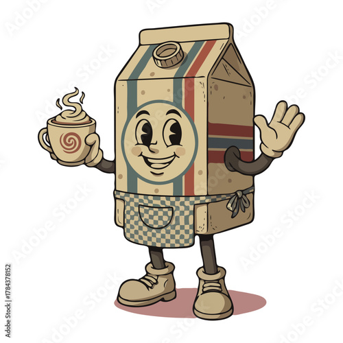 Friendly retro cartoon milk carton character wearing an apron and holding a hot coffee.