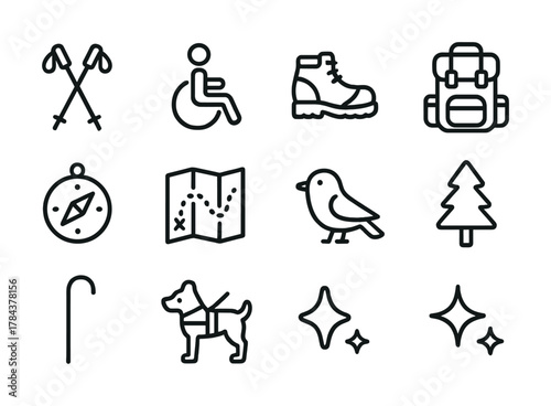 Outdoor adventure icons: hiking, camping, wildlife, and navigation symbols