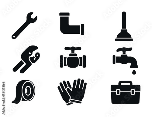 Vector Plumbing tools icons: wrench, valve, plunger, tape, gloves, toolbox