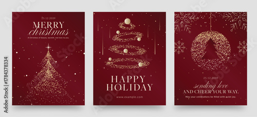 Christmas Flyer Poster Template & Vector Invitation Layout in Festive Holiday Season Luxury Red Gold Style, with Merry Christmas & Happy Holidays Text