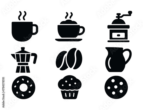 Vector Coffee icons: mug, espresso, grinder, moka pot, beans, pitcher, donut, muffin, cookie