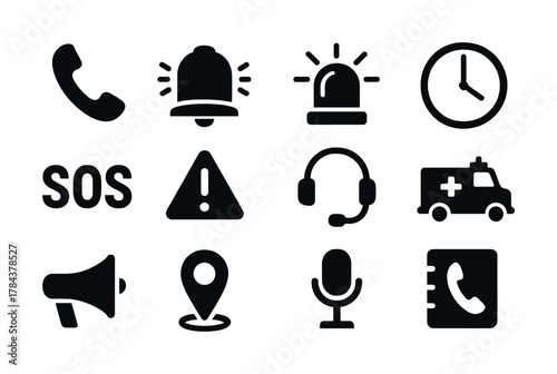 Emergency and communication icon set with alerts, phone, sos, clock, and more
