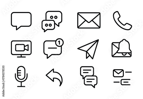 Communication icons set: chat, email, phone, video, notification, microphone, arrow, paper plane