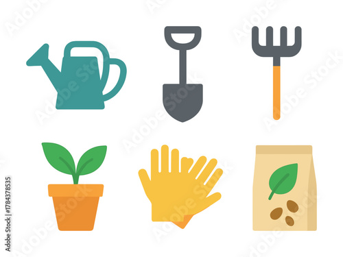 Vector Gardening tools and supplies: watering can, shovel, rake, plant, gloves, seeds