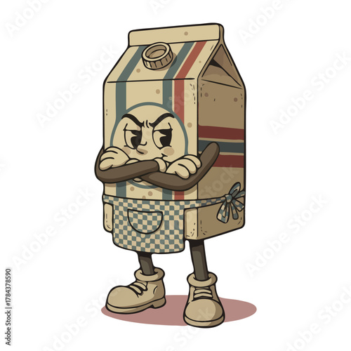 Retro cartoon milk carton character with a grumpy expression and crossed arms.