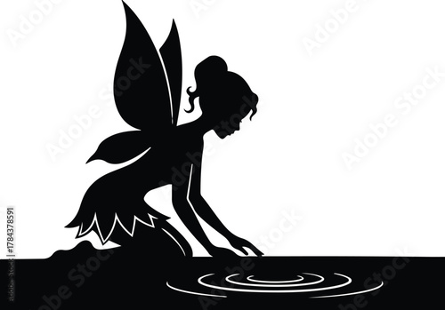 Vector fairy gently touching water surface creating ripples silhouette illustration