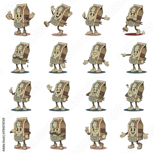 Vintage Cartoon Milk Carton Characters Posing.