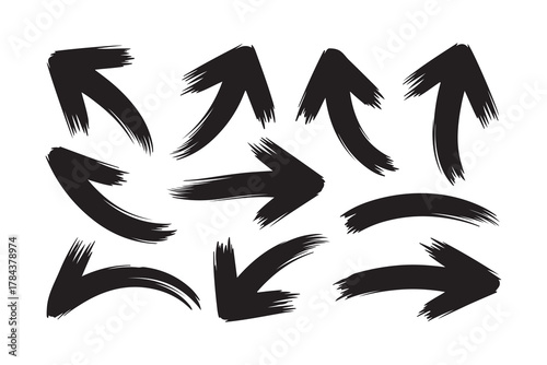 Grunge style  curve arrow brush strokes pack, hand-painted vector arrows for graphic and web design for social media post and banner design 