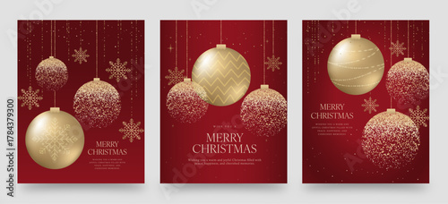 Christmas Poster Flyer Template with Bauble Vector Christmas Decoration for Holiday & NYE New Years Eve Flier & Banner Layouts in Luxury Red & Gold