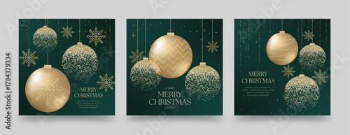 Christmas Poster Flyer Template with Bauble Vector Christmas Decoration for Holiday & NYE New Years Eve Flier & Banner Layouts in Luxury Green & Gold