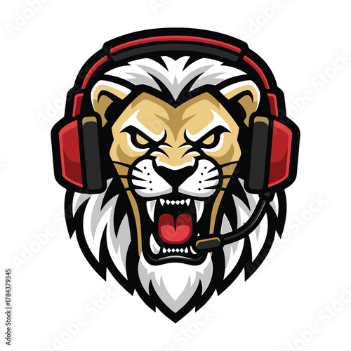 Fierce lion head with red gaming headset and microphone roaring animal mouth