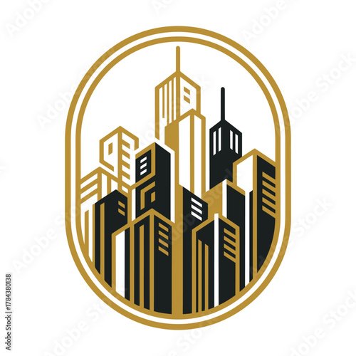 Gold and black abstract cityscape inside oval frame buildings architecture