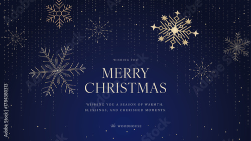 Christmas Flyer Poster Template in Luxury Blue & Gold Minimalist Style for Luxe NYE New Year Invite Cards with Merry Christmas Text, Background