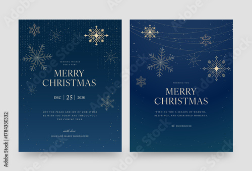 Christmas Flyer Poster Template in Luxury Blue & Gold Minimalist Style for Luxe NYE New Year Invite Cards with Merry Christmas Text