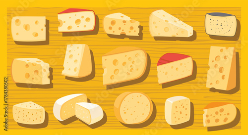 An appealing assortment of diverse cheese varieties, including yellow blocks with holes, white wedges, and red-rinded rounds, presented on a rustic wooden background.