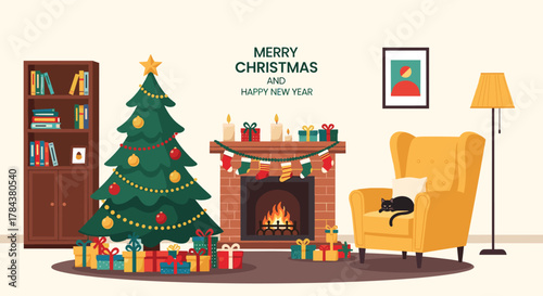 A beautifully decorated living room, complete with a festive Christmas tree, glowing fireplace, and a cozy armchair with a sleeping cat, celebrating the holiday season.