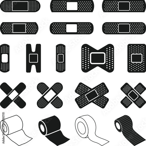 Collection of Medical Bandages and First Aid Tapes Silhouette, Bandages roll icon set on white background